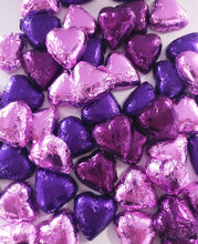 Load image into Gallery viewer, Hearts - Milk Chocolate Hearts in Mix Purple, Burgundy n Pink Foils 350g - Sunshine Confectionery
