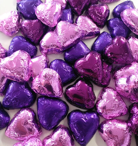Hearts - Milk Chocolate Hearts in Mix Purple, Burgundy n Pink Foils 1kg - Sunshine Confectionery