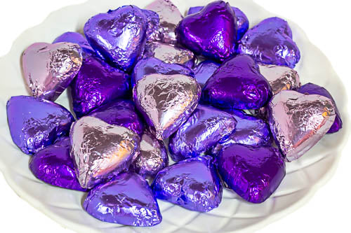 Hearts - Milk Chocolate Hearts in Mixed Purple Foils 350g - Sunshine Confectionery