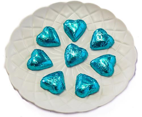 Hearts - Milk Chocolate Hearts in Aqua Blue Foil 1kg - Sunshine Confectionery
