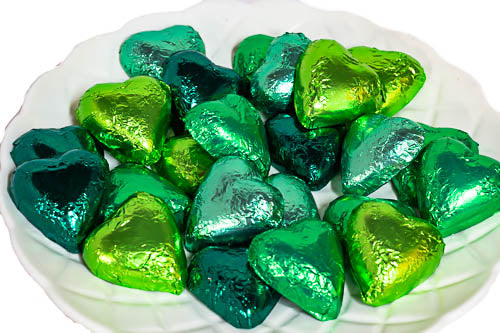 Hearts - Milk Chocolate Hearts in Mixed Green Foils 350g - Sunshine Confectionery